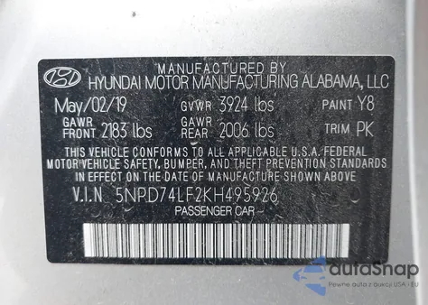 2019 Hyundai Elantra Se from USA, damaged, VIN 5NPD74LF2KH495926